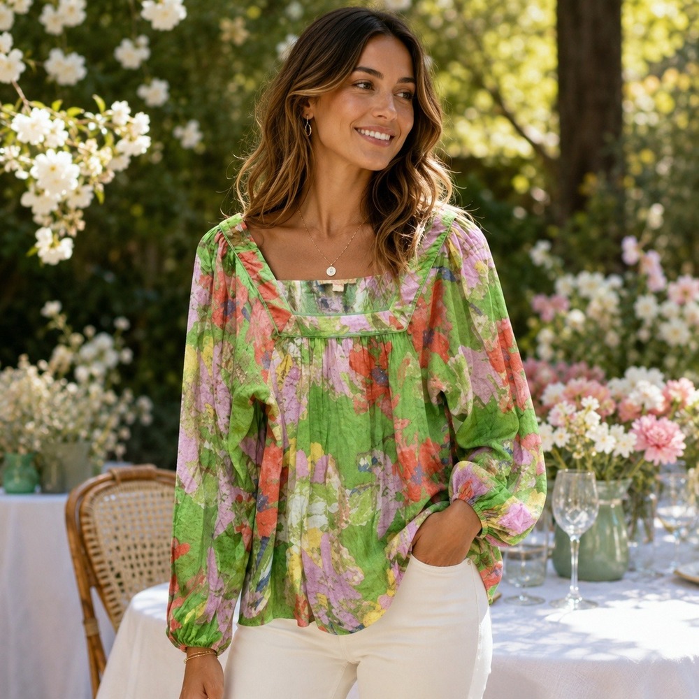 Hope & Harlow Blouse Womens S Green Floral Square Neck Balloon Sleeve Boho Top